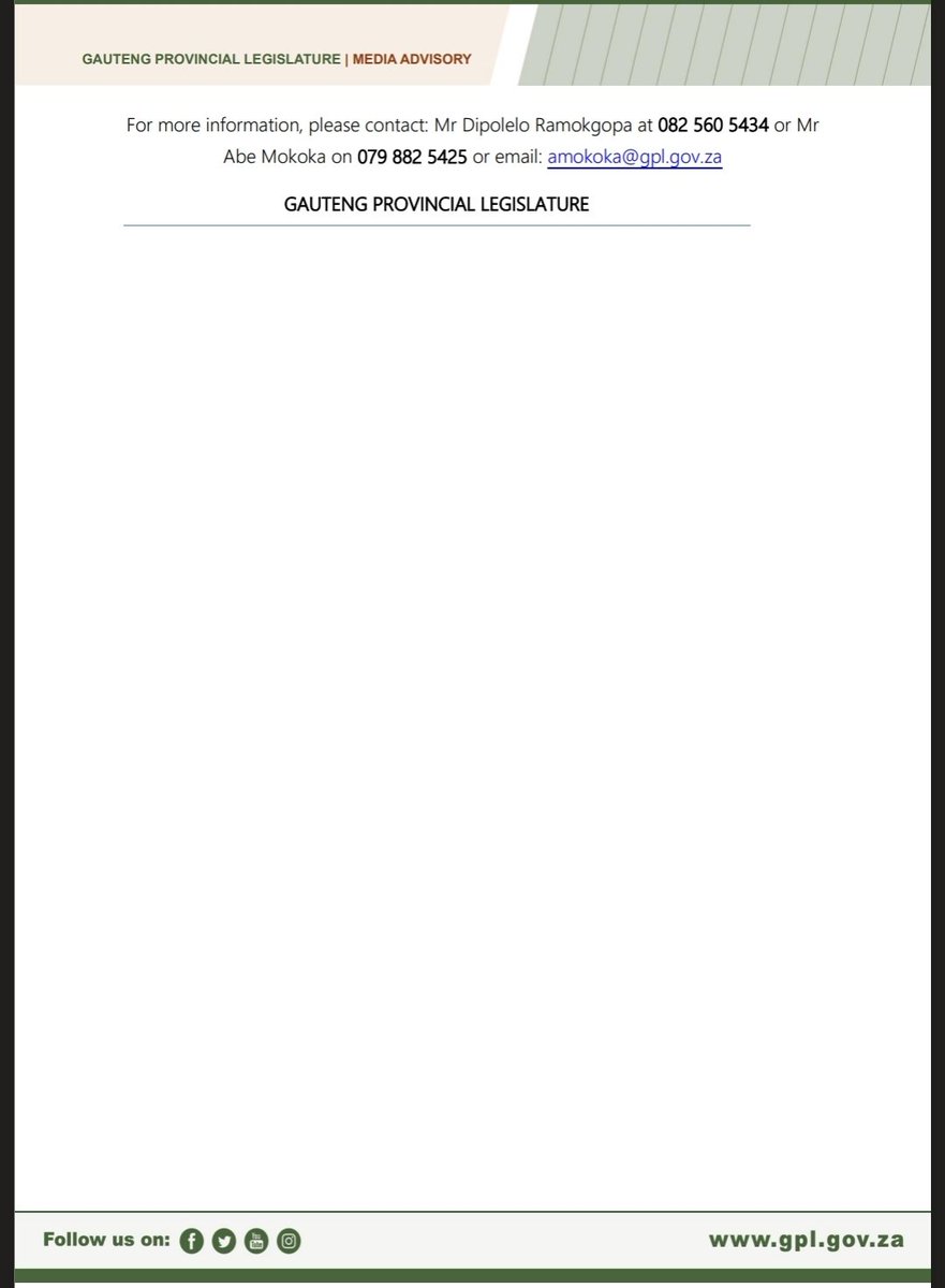 GPLegislature's tweet image. The Sitting is convened for the Premier’s oral reply to questions and questions for oral reply by the Members of the Executive (MECs).

The Sitting will also be streamed live as follows:

YouTube: youtube.com/live/Lk8jEK1oh…

Facebook: web.facebook.com/share/18Lw24zK…

#GPL #GettoknowGPL
