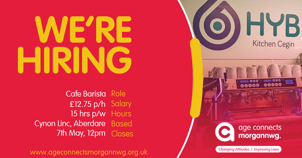 ACMorgannwg's tweet image. Barista Required!
We’re on the lookout for a part-time Barista for our busy community cafe in Aberdare.
Working as part of a small, friendly catering team, you’ll play a key role in creating a welcoming customer experience.
Apply here: ageconnectsmorgannwg.org.uk/hyb-cafe-baris…
#jobs #aberdare