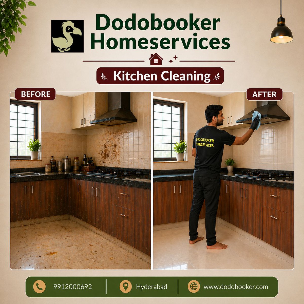 dodo_booker's tweet image. Transform your kitchen from messy to spotless with Dodobooker Homeservices. Deep cleaning that removes grease &amp;amp; brings back shine!

📍 Hyderabad 
 📞 9912000692
🌐 dodobooker.com

#kitchencleaning #hyderabad #homeservices #deepcleaning #beforeafter #cleanhome