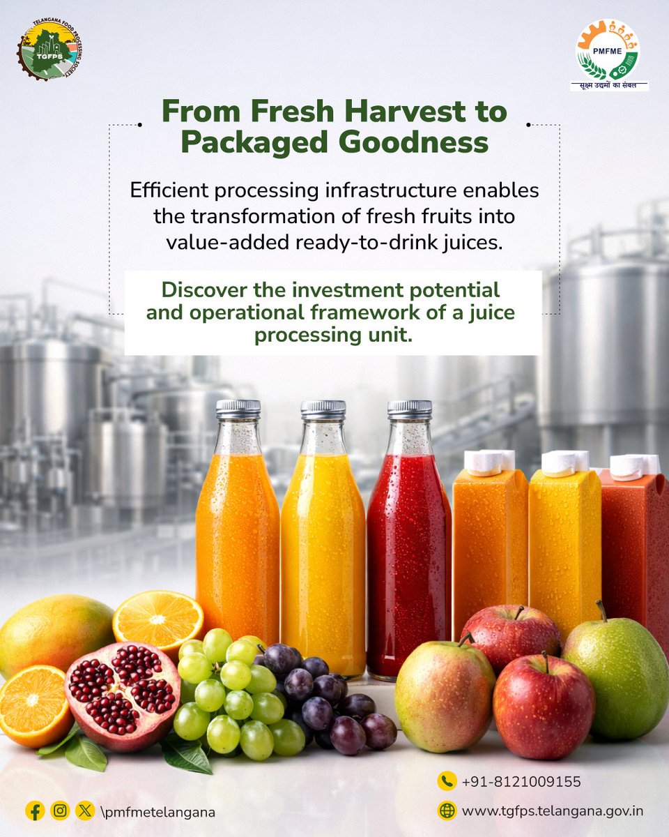 PmfmeTelangana's tweet image. Where processing meets profitability. 
Juice units unlock value from fresh produce while creating market-ready products. 
 
Swipe to explore investment insights and infrastructure details. 

#FoodProcessing #AgriBusiness #StartupIndia #MakeInIndia #ColdChain #TGFPS #PMFME