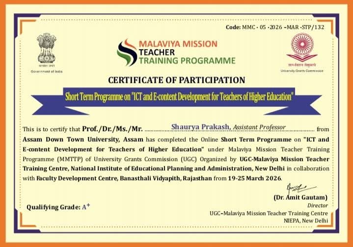 ShauryaPrakash7's tweet image. Successfully completed the Short Term Programme on “ICT and E-content Development for Teachers of Higher Education” MMTTP, organized by UGC–MMTTP, NIEPA, New Delhi, in collaboration with Banasthali Vidyapith, Rajasthan.

#FacultyDevelopment #HigherEducation #ICTinEducation