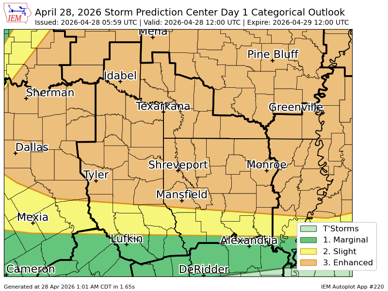 MichaelSearcy's tweet image. #SPC issues Day 1 Enhanced Convective Risk at Apr 28, 5:59z for SHV spc.noaa.gov/products/outlo…