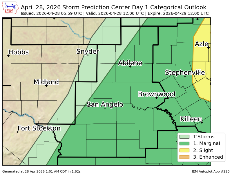 Nick_Weather's tweet image. #SPC issues Day 1 Marginal Convective Risk at Apr 28, 5:59z for SJT spc.noaa.gov/products/outlo…