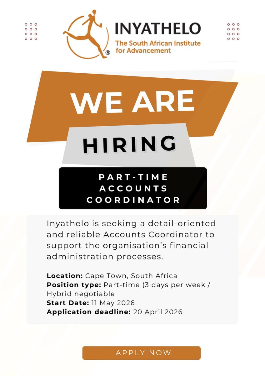 Inyathelo's tweet image. We have extended our application deadline for our Finance Coordinator part-time position to 30 April!  If you or someone you know is interested and missed the initial window, now is the time! 
 
Please apply here: forms.gle/BarbFvVYrRUS7a… 
#wearehiring #financecoordinator #ngojobs