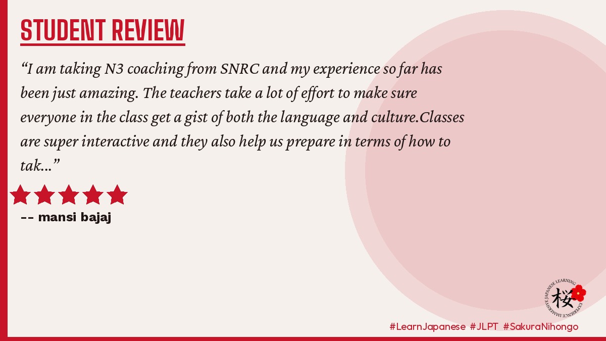snrcauthor's tweet image. ⭐⭐⭐⭐⭐ “I am taking N3 coaching from SNRC and my experience so far has been just amazing. The teachers take a lot of effort to make sure everyone in the class get ...”

— mansi bajaj

Real results. Real students. Real Japanese. 🌸
#LearnJapanese #JLPT #SakuraNihongo
