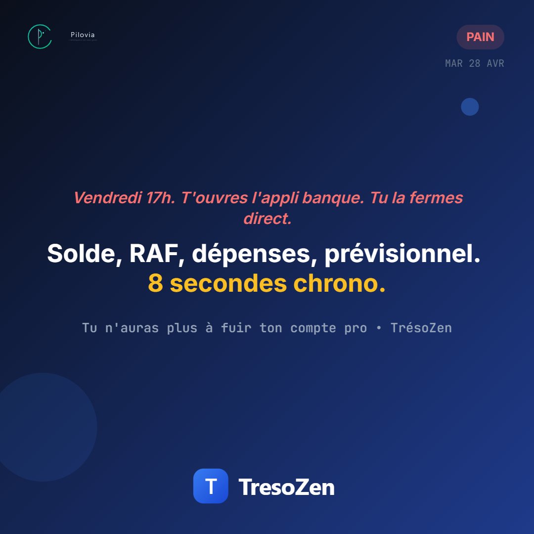 PiloviaFR's tweet image. Vendredi 17h. T'ouvres l'app banque. Tu la fermes direct. 🙈
"Je verrai lundi."

TrésoZen : solde, RAF, prévisionnel. 8 secondes. Les bêta-testeurs ont arrêté de fuir leur compte pro.

#TPE #Trésorerie