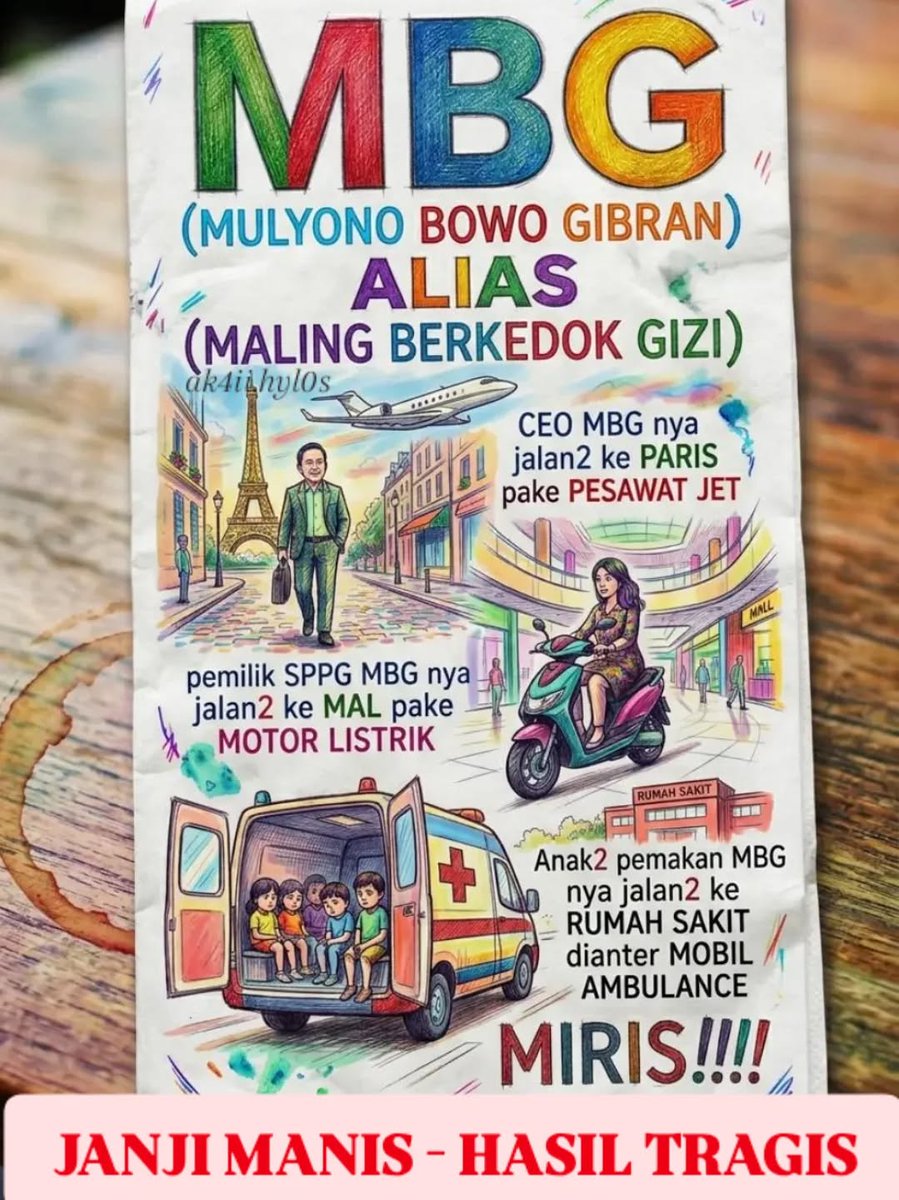MBG Mulyono Bowo Gibran Maling Berkedok Gizi
#BasmiGenkSolo 

CEO MBG jalan2 ke Paris naik jet.
Pemilik SPPG jalan2 ke mal naik sepeda listrik.
Anak2 pemakan MBG jalan2 ke RS naik ambulans.
#BasmiGenkSolo