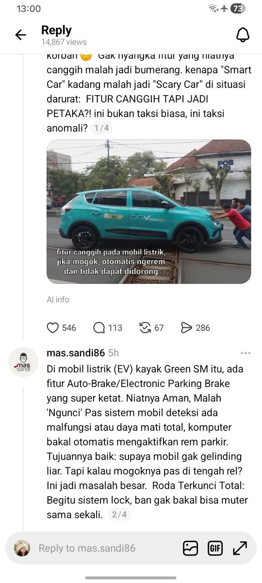 lunawhiskie's tweet photo. @jalanpulang___ @kalistohenituse Btw itu mobil listrik kak. Si supir ini nerobos pas kereta udah deket. Nah otomatis mati baterainya karena kena elektromagnet dr kereta.

Sebenernya fiturnya keliatan canggih cuman bikin celaka karna  pas mogok = otomatis kekunci, gabisa didorong juga https://t.co/m8IVcOnTsV