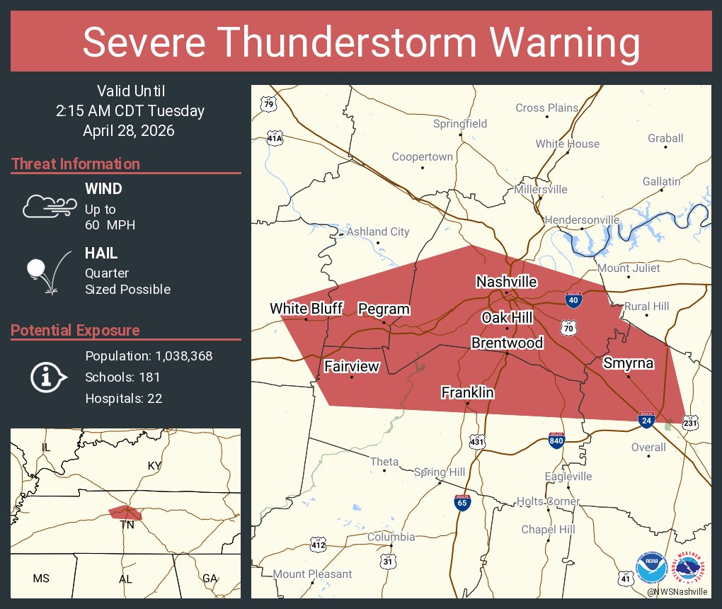 Severe Thunderstorm Warning including Nashville TN, Franklin TN and  Smyrna TN until 2:15 AM CDT
