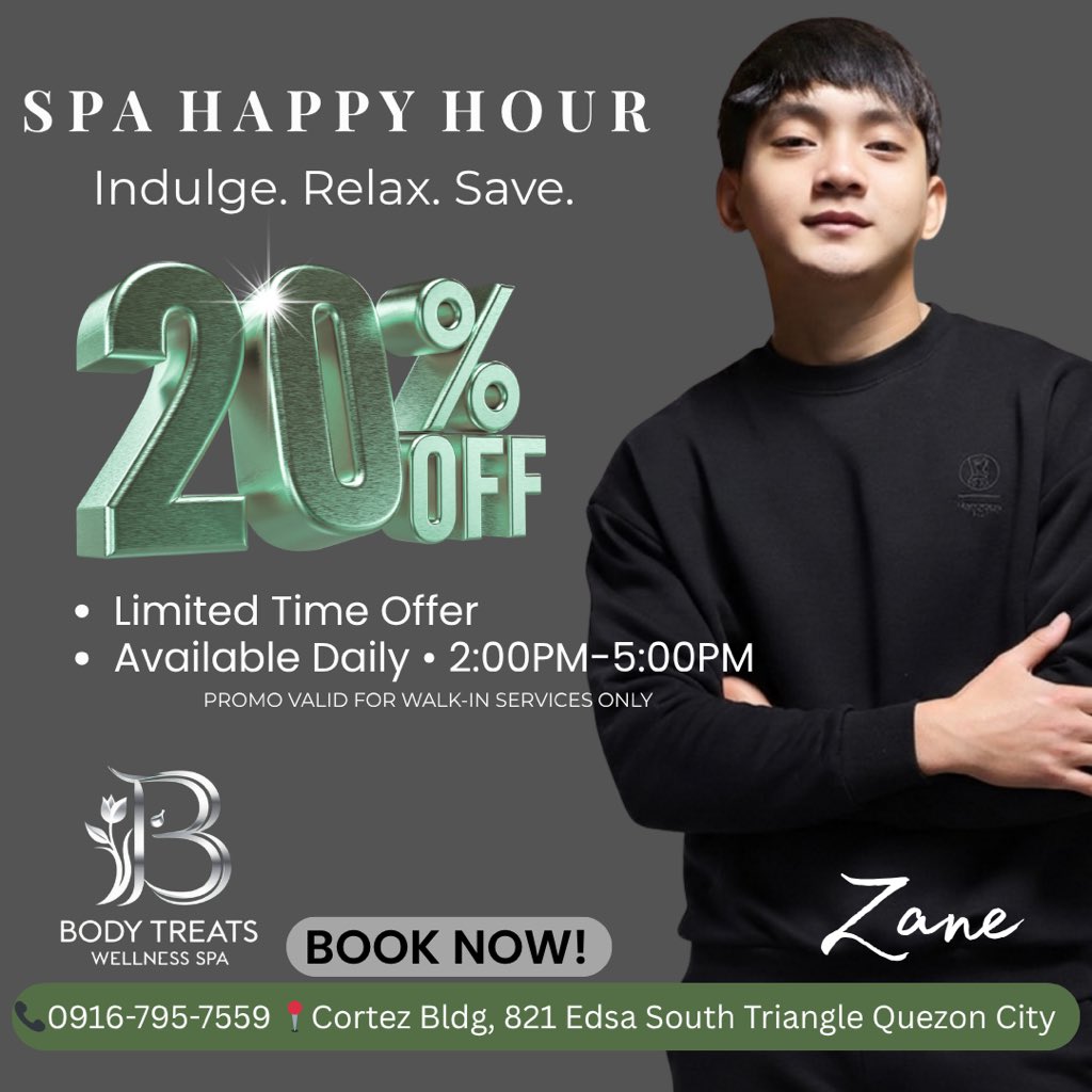 bodytreatsQC's tweet photo. SPA HAPPY HOUR ✨
Enjoy 20% OFF from 2PM – 5PM
Walk-in guests only.
Recharge and reset today.
#SpaDeals #HappyHourSpecial #Wellness https://t.co/8OuwTVE5WD