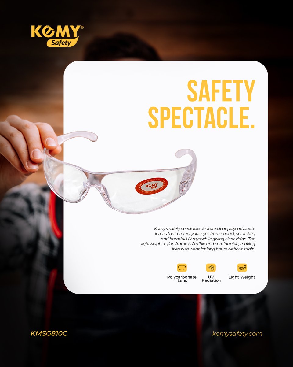 komysafetysa's tweet image. Protection you won’t feel, clarity you’ll notice. Komy’s polycarbonate safety spectacles offer tough eye defense with a barely-there fit, giving you all-day ease without compromising visibility.

#Komy #SafetySpectacles #Workwear #EyeProtection #SafetyAccessories
