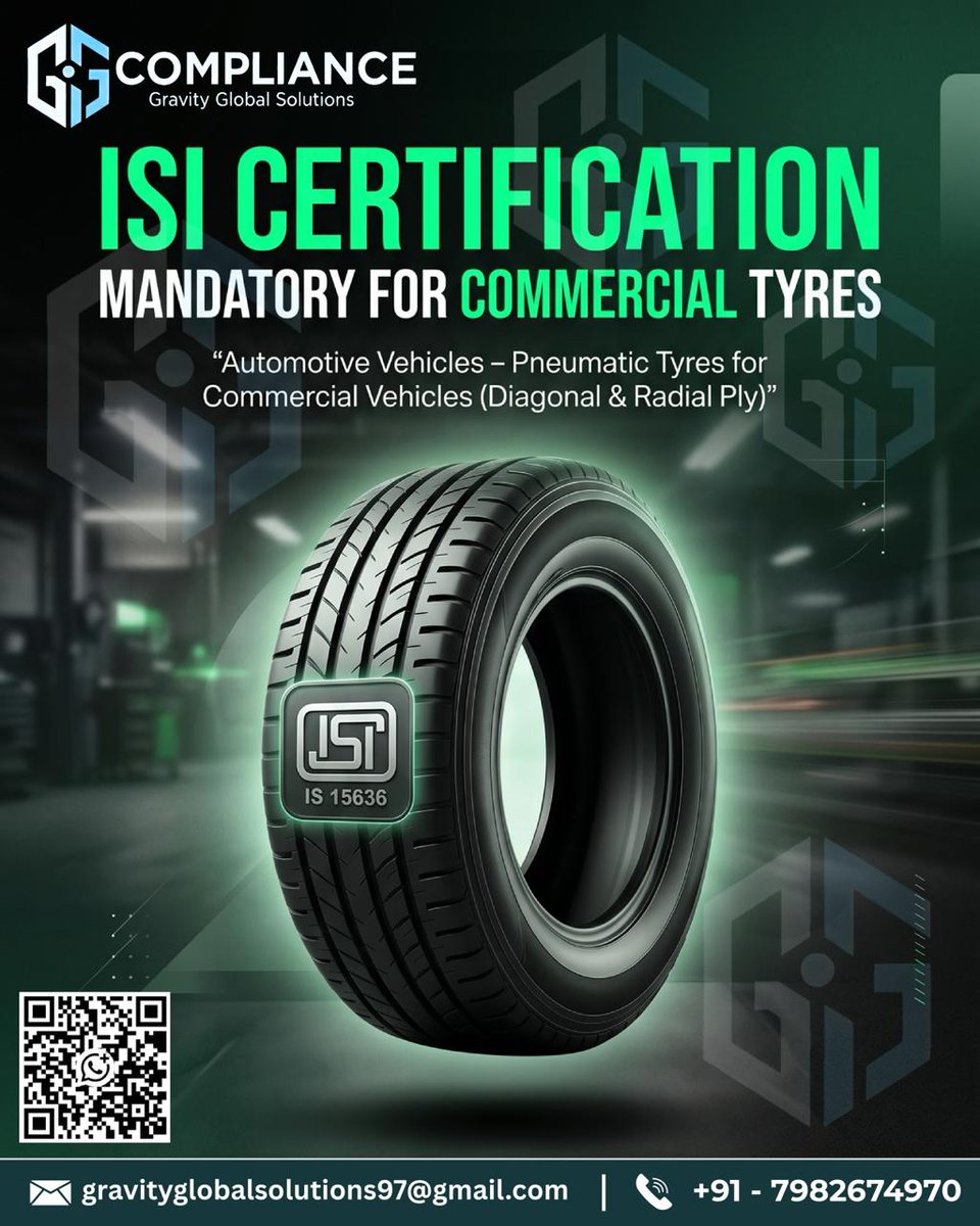 GGSCompliance's tweet image. ISI Certification for Commercial Tyres is mandatory 🚛

Don’t risk non-compliance.
Get certified—fast &amp;amp; hassle-free.

📞 Contact now!
.
.
.
.
#ISICertification #BIS #Tyres #Compliance