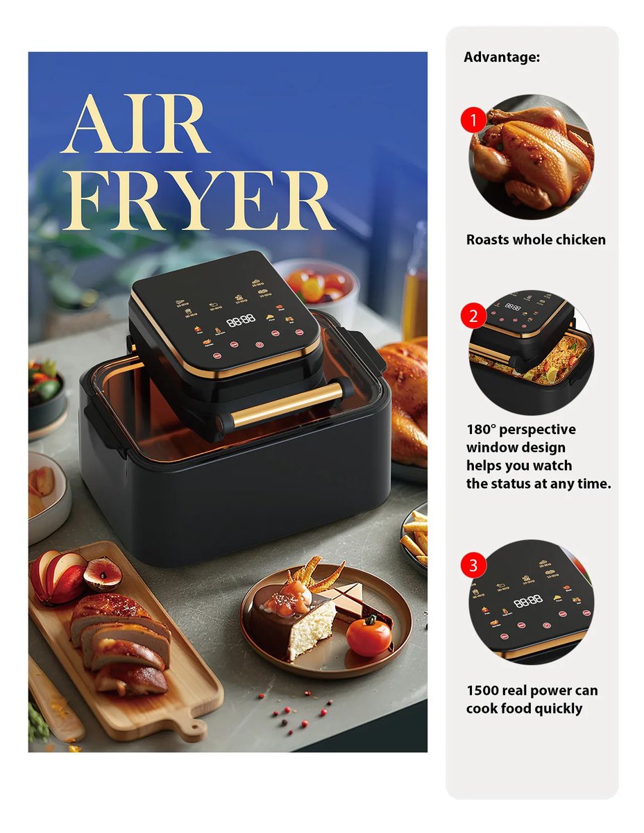 CrystalRen2025's tweet image. 🍟 A9 air fryer, 8L capacity
No oil, no preheat—just set &amp;amp; cook. 1500W power + digital control for fast, healthier meals. Ideal for home &amp;amp; retail markets.
📩 crystal.ren@vip.163.com
#airfryer #healthycooking #oemodm #kitchenappliances