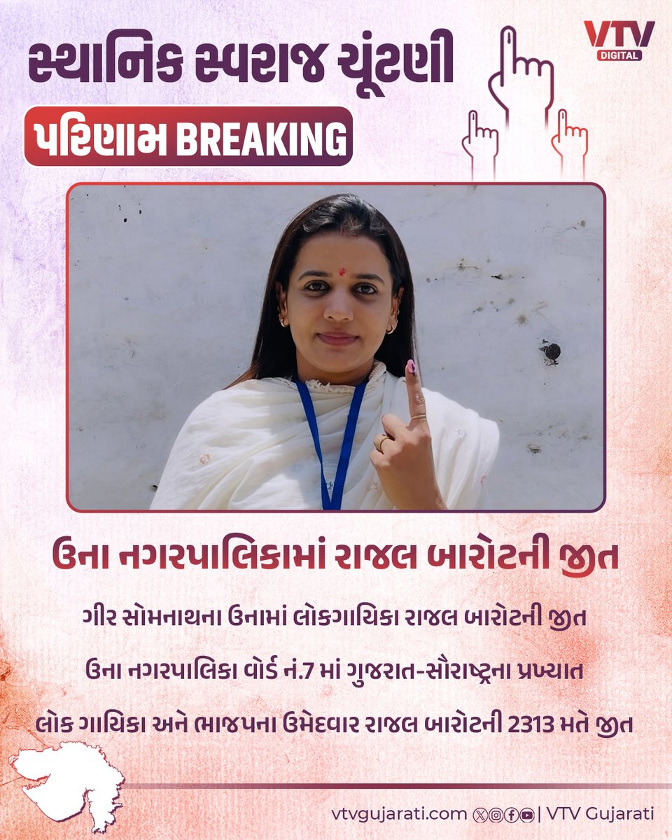 VtvGujarati's tweet image. ઉના નગરપાલિકામાં લોકગાયિકા રાજલ બારોટની જીત

#una #rajalbarot #GujaratElection #ElectionResults #LocalBodyElection #CountingDay #Live #AAP #BJP #Congress #GujaratNews #BreakingNews #Democracy #Voting #VTVDigital #VTVNews