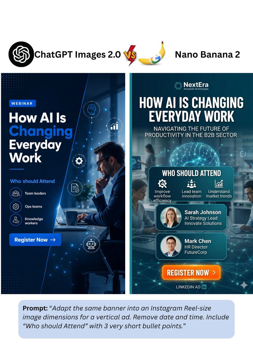 AnalyticsVidhya's tweet image. Stop guessing which AI tool to use for your next project. 🛠️

If you need professional infographics, ChatGPT 2.0 is the winner. If you’re cranking out social media ads, Nano Banana 2 has the edge.

Read more here: analyticsvidhya.com/blog/2026/04/c… 

#MarketingTips #AItools