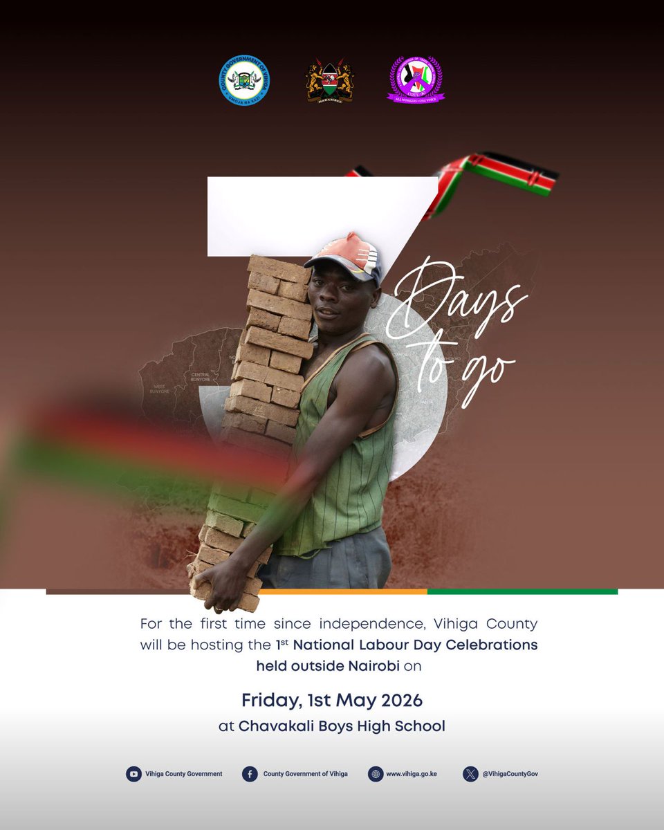 VihigaCountyGov's tweet photo. Come celebrate the worker, ni kujituma na ni God.

Mungu bariki kazi ya mikono yetu.

#KaribuVihiga #experiencevihiga #labourday https://t.co/QZb2goI3lQ