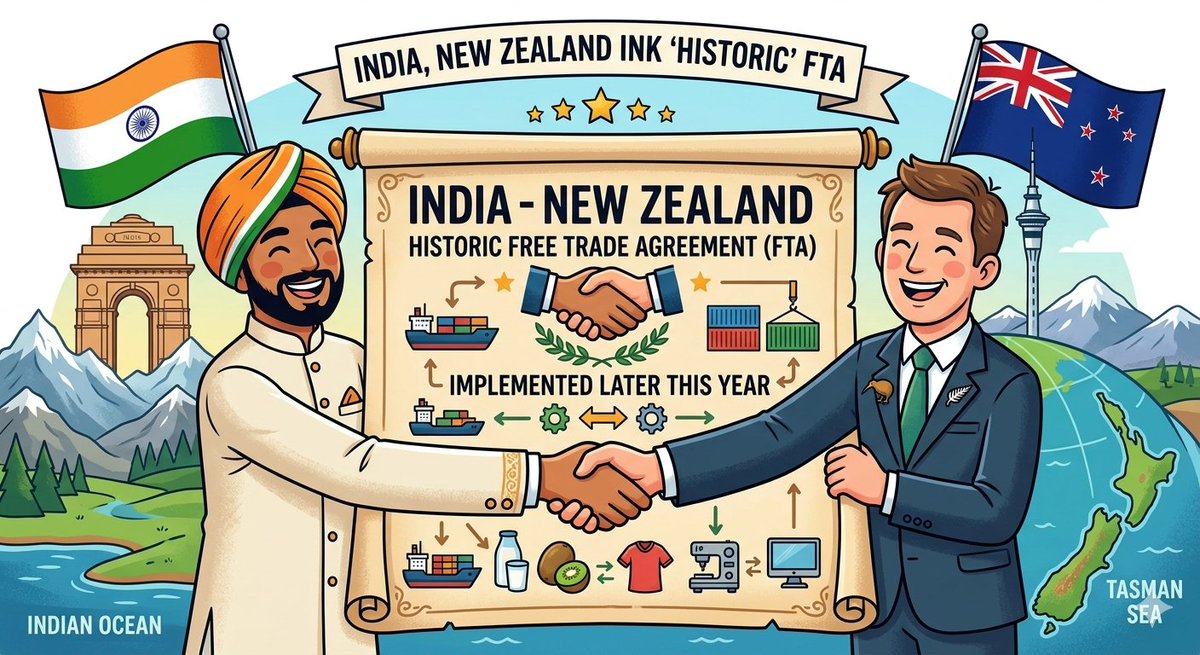 upsccommunity's tweet photo. India and New Zealand have signed a "historic" Free Trade Agreement (FTA) to boost bilateral trade! 🇮🇳🤝🇳🇿  

Implementation begins later this year! 🚀  
#IndiaNewZealand #FTA #TradeAgreement #GlobalEconomy #ViksitBharat https://t.co/GnYnkvYY9t