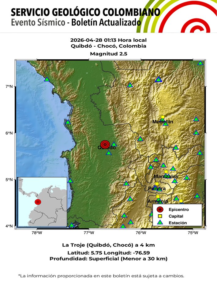 sgcol's tweet image. #SismosColombiaSGC Evento Sísmico - Boletín Actualizado 1, 2026-04-28, 01:13 hora local Magnitud 2.5, Profundidad superficial, Quibdó - Chocó, Colombia ¿Sintió este sismo? repórtelo sismosentido.sgc.gov.co sgc.gov.co/sismos #Temblor #Sismo
