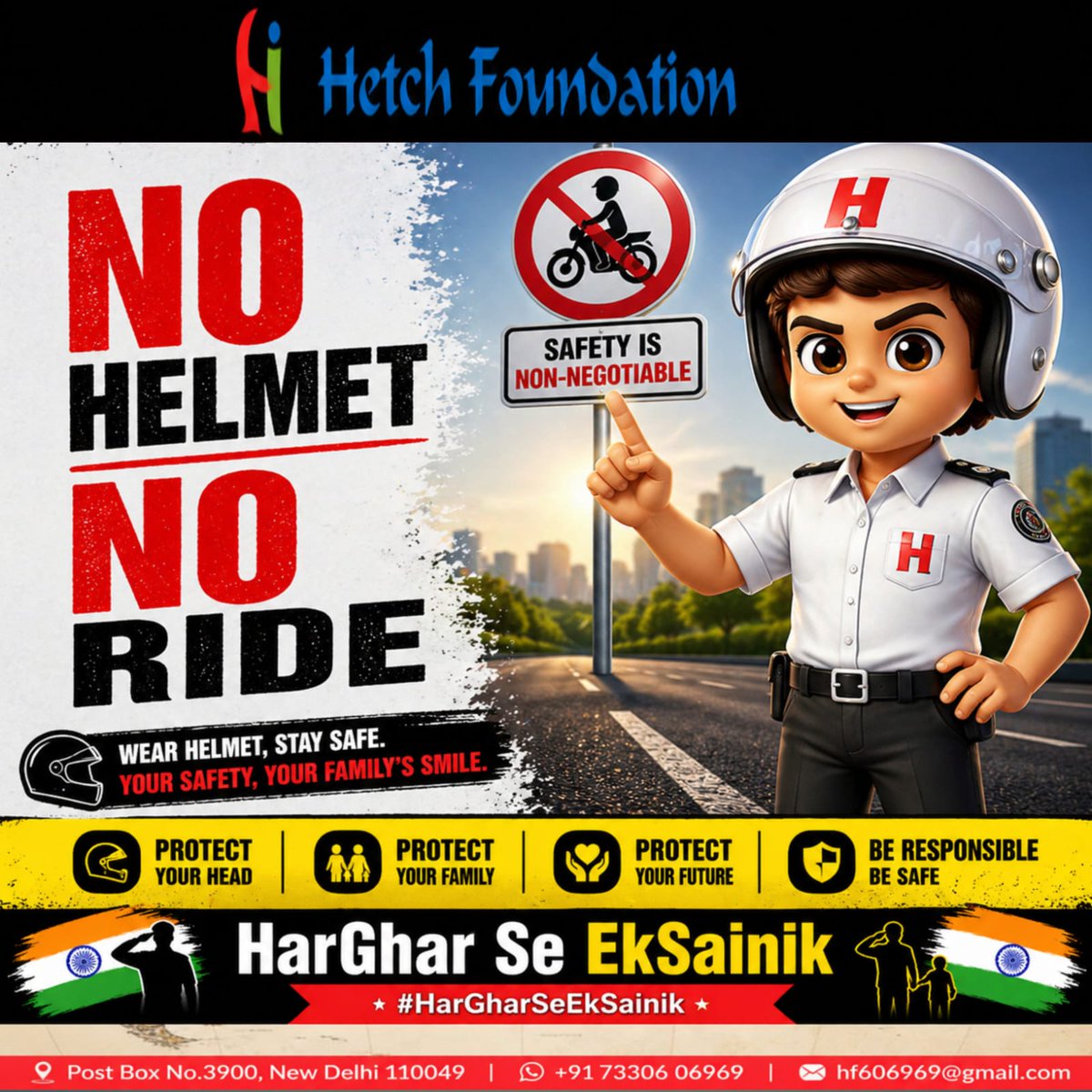 hetchfoundation's tweet image. No helmet, no ride — no excuses. Safety isn’t a rule, it’s a responsibility you carry every time you start your bike. 🛵⚠️
Be the reason your family smiles, not worries.
 #HarGharSeEkSainik 
#RideSafe  
#HelmetOn 
 #RoadSafety  
#StayProtected 
 #SafeJourney  
#HetchFoundation