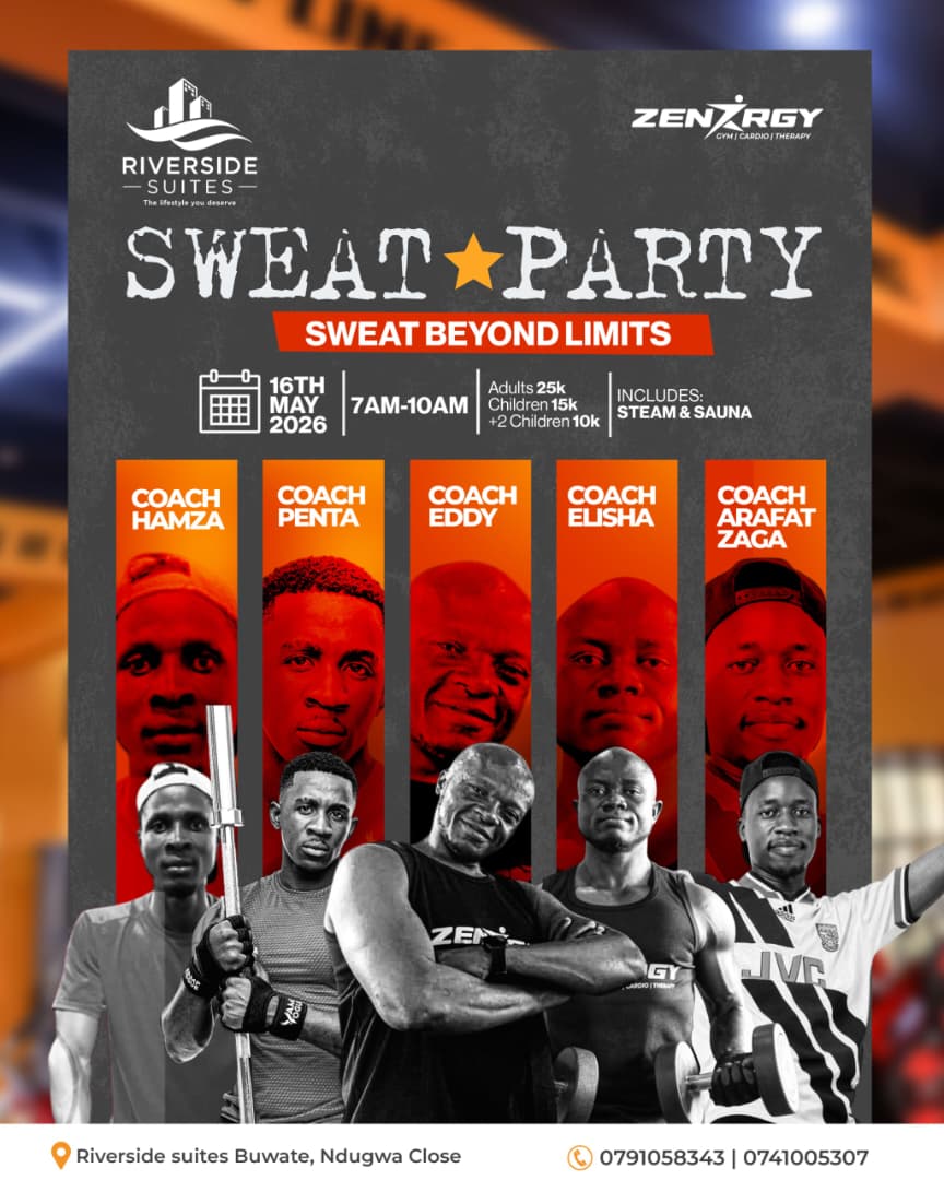 riversideug's tweet photo. The Sweat Party is where limits get tested and broken. Train with elite coaches, push your endurance, and recover in steam & sauna.
π
16th May | 7AMβ10AM
π Riverside Suites, Buwate #KampalaFitness #UGWorkout https://t.co/wUHpvT9gZy
