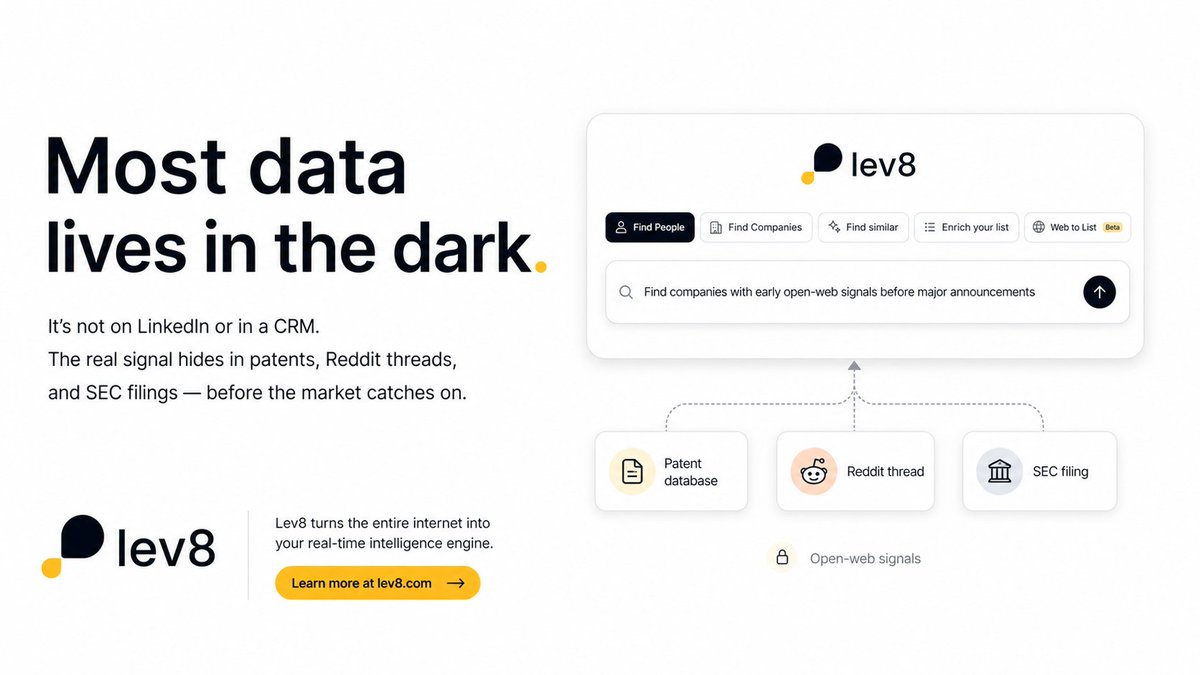 lev8ai's tweet photo. Most data lives in the dark. It's not on LinkedIn or in a CRM.

It's in patent databases, where a company's future moves are whispered.

Or hidden in Reddit threads, where real user sentiments are laid bare.

The signal was in the SEC filing three weeks before the press release.

When you navigate beyond the usual sources, the real picture emerges.
#GTM