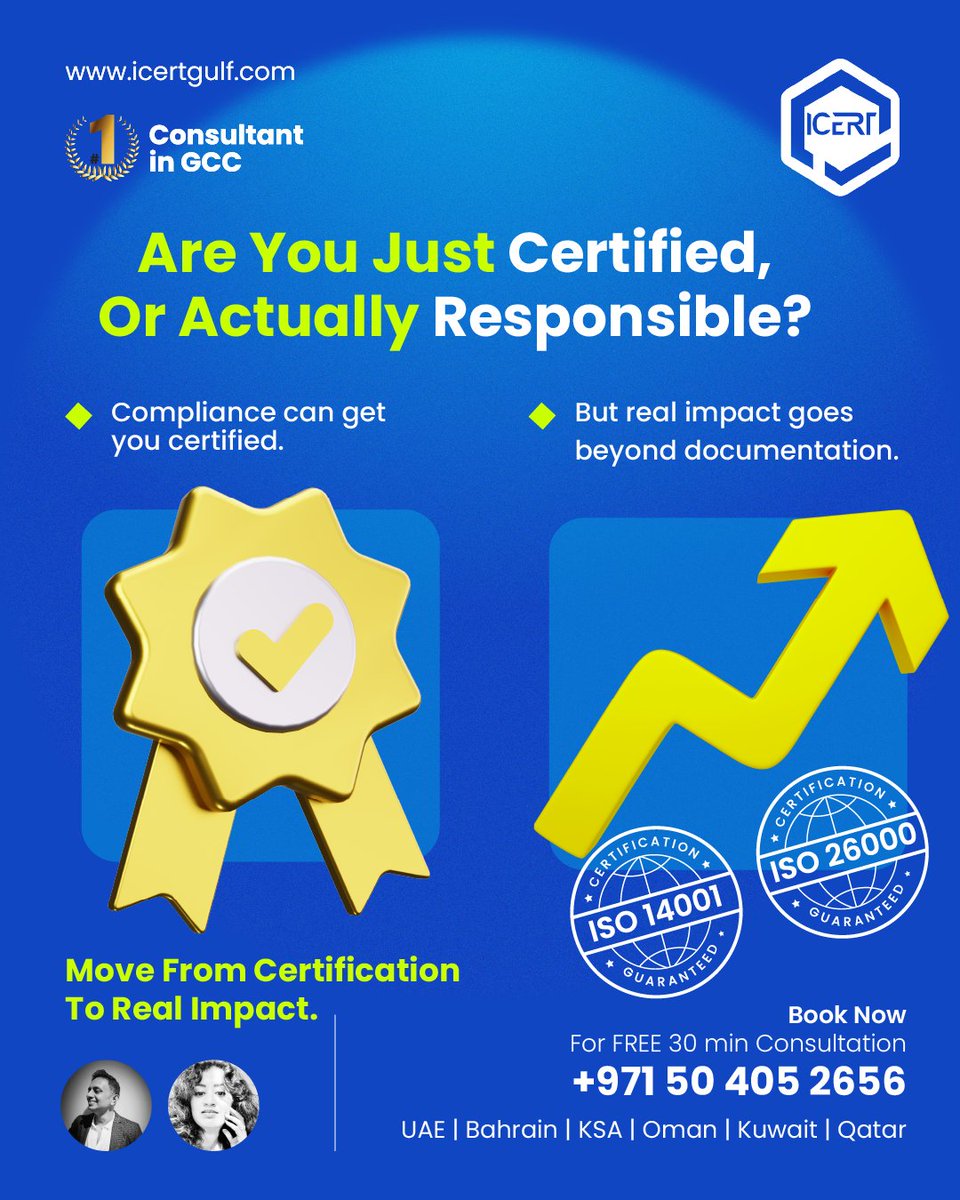 IcertGulf's tweet image. Compliance gets you certified.
Impact proves you’re responsible.

ISO 14001 + ISO 26000 change the conversation.

Get a FREE 30-min consultation, book now: +971 50 405 2656 | Visit: icertgulf.com

#ISO14001 #ISO26000 #Sustainability #SocialResponsibility #ESG