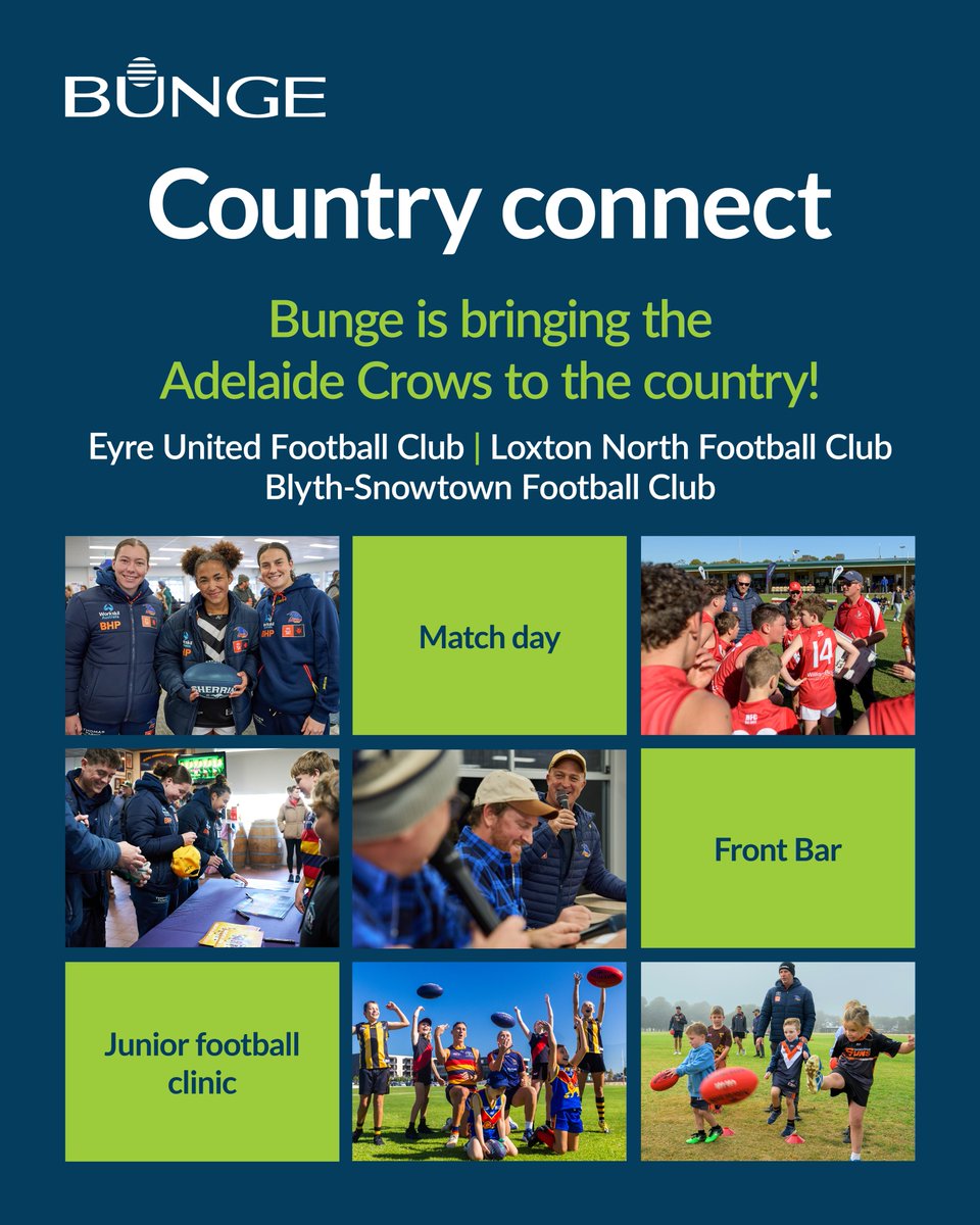 BungeAus's tweet photo. We’re teaming up with @Adelaide_FC again this year to support regional communities through our Country connect programme!
We will once again bring AFL & AFLW players to three regional football clubs to get help with match day, get involved in an evening club event, and host free junior football clinics – join us at:
🏈 Eyre United Football Club, 23 & 24 May
🏈 Loxton North Football Club, 30 & 31 May
🏈Blyth-Snowtown Football Club, 13 & 14 June
Learn more or register a child to attend a football clinic https://t.co/MUBfSRdVsk