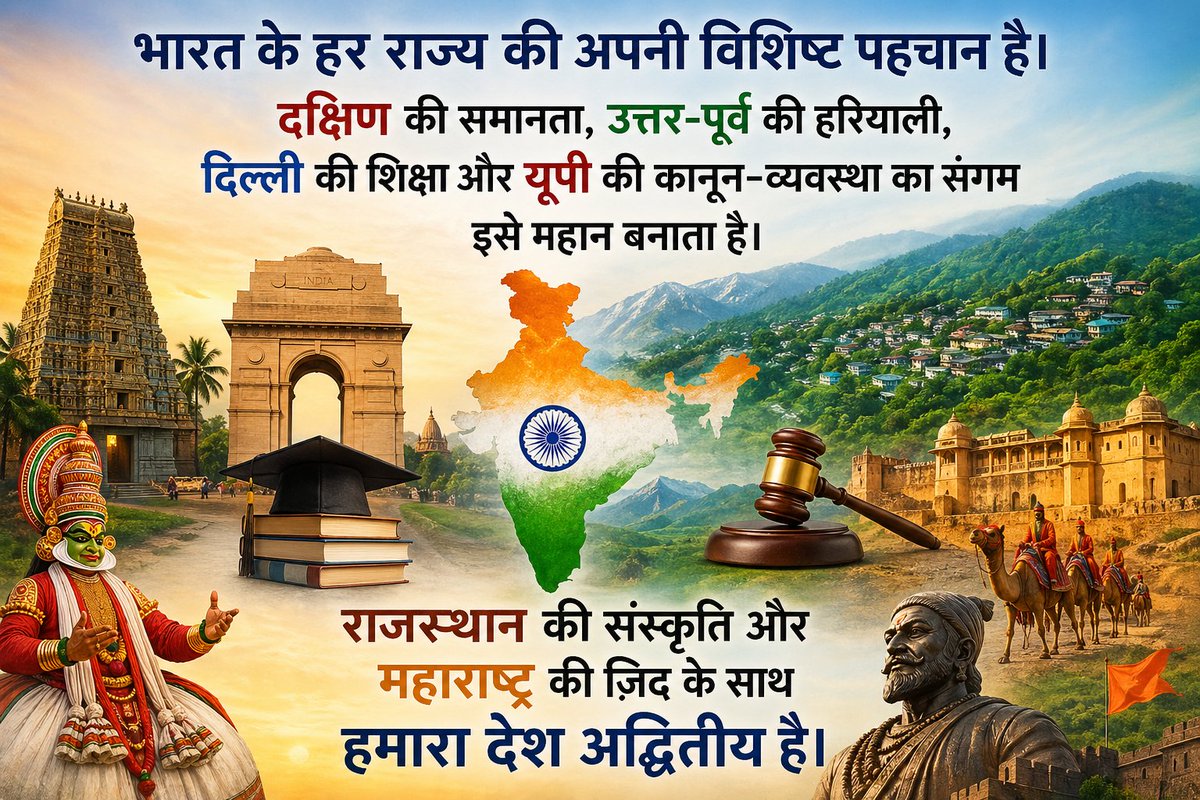 jeetjangid1609's tweet image. भारत के हर राज्य की अपनी विशिष्ट पहचान है। दक्षिण की समानता, उत्तर-पूर्व की हरियाली, दिल्ली की शिक्षा और यूपी की कानून-व्यवस्था का संगम इसे महान बनाता है। राजस्थान की संस्कृति और महाराष्ट्र की ज़िद के साथ हमारा देश अद्वितीय है। #India #UnityInDiversity #Indian #sabahnamazı #salı