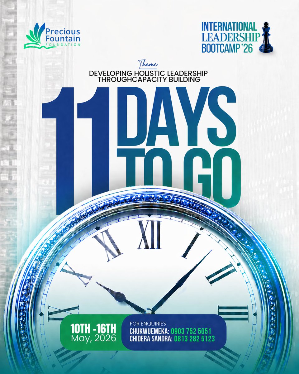 PFFNIGERIA's tweet image. 11 DAYS TO THE INTERNATIONAL LEADERSHIP BOOT CAMP.

Register now before it's too late! ✨ 
forms.gle/QWtpNV7KDR8TM2…

#leaderahip 
#university
#training
#unizik