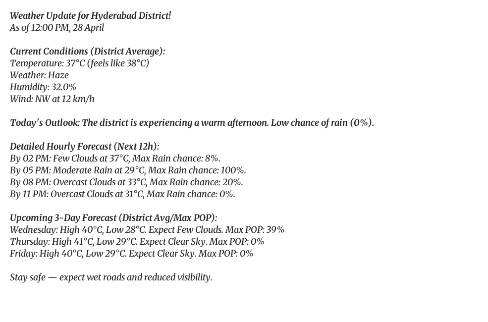 HyderbadWeather's tweet image. Good afternoon, Hyderabad! 👋
It's currently 37°C (feels like 38°C) with Haze.
Tomorrow: Few Clouds, high of 40°C.
#Heatwave #Hyderabad #weatherupdate #HyderabadRains #RainAlert