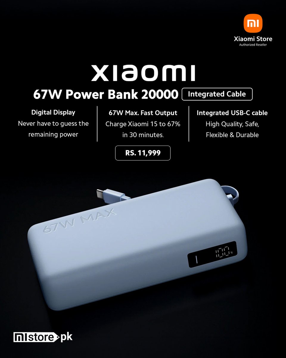 MistorePk's tweet image. Introducing the 𝗫𝗶𝗮𝗼𝗺𝗶 67𝗪 𝗣𝗼𝘄𝗲𝗿 𝗕𝗮𝗻𝗸 20000 (𝗜𝗻𝘁𝗲𝗴𝗿𝗮𝘁𝗲𝗱 𝗖𝗮𝗯𝗹𝗲). 

⚡️ 67W ultra-fast charging
⚡️ Built-in USB-C cable 
⚡️ Digital display for precise battery tracking

Order now: bit.ly/4eau6h0

#Xiaomi #PowerBank #FastCharging #MiStorePk