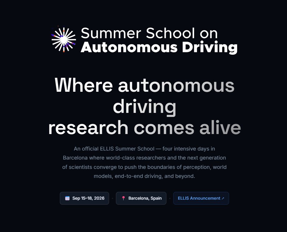 abursuc's tweet photo. 📣Super happy to announce the ELLIS | ELLIOT Summer School on Autonomous Driving 🚗
Apply now!

📅 September 15-18, 2026

📍Barcelona, Spain
🌐 https://t.co/1VRTVX6U17
@ELLISforEurope @ELLISBarcelona @CVC_UAB @valeoai https://t.co/ZMbTTnHGIw