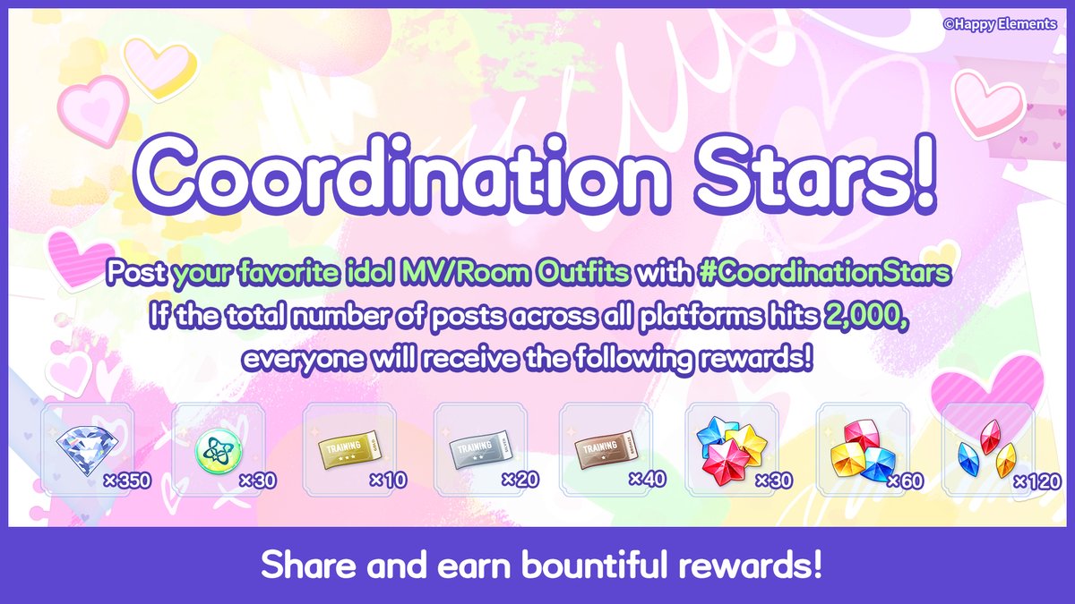 🌟Coordination Stars! Share and earn bountiful rewards!

Post your favorite idol MV/Room Outfits with the hashtag #CoordinationStars

If the total number of posts across all platforms hits 2,000 by May 4, everyone will receive 30 Coordination Coins, 350 Diamonds, Gems and more!