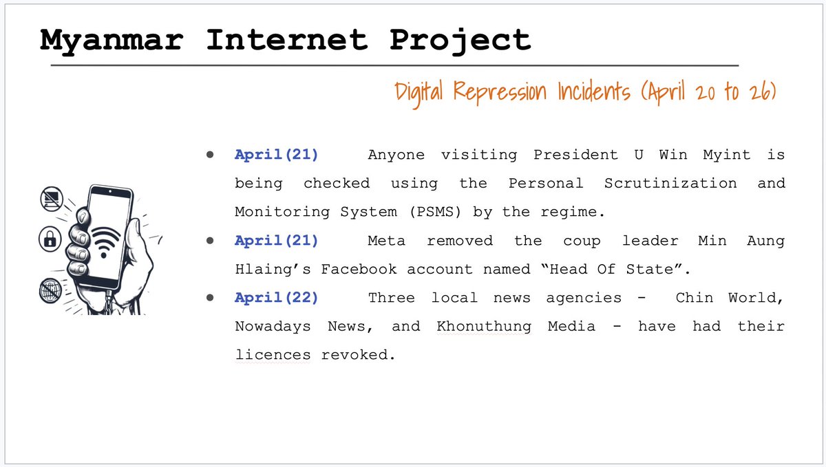 Myanmar_IP's tweet photo. Digital Repression Incidents in Myanmar (April 20 to 26) 

#FOE 
#InternetShutDown 
#Surveillance 
#Digital_Repression 
#WhatsHappeningInMyanmar 
#KeepItOn 
Full Report >>> https://t.co/vB4UrwWjbk https://t.co/SUijWMPpZS