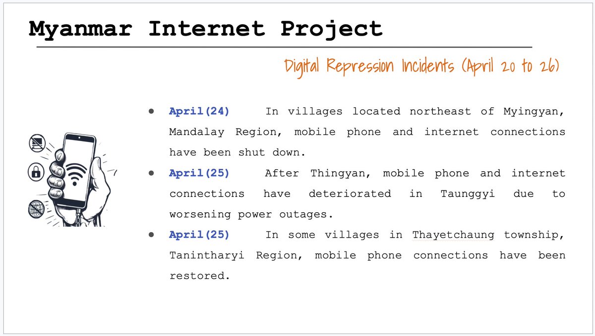 Myanmar_IP's tweet photo. Digital Repression Incidents in Myanmar (April 20 to 26) 

#FOE 
#InternetShutDown 
#Surveillance 
#Digital_Repression 
#WhatsHappeningInMyanmar 
#KeepItOn 
Full Report >>> https://t.co/vB4UrwWjbk https://t.co/SUijWMPpZS
