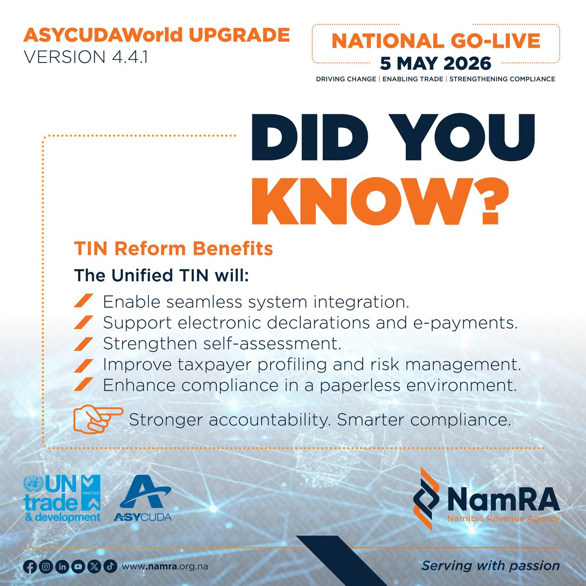 NamRA_org_na's tweet image. One TIN. Seamless systems. Smarter compliance.

#NamRA #ASYCUDAWorld #TaxCompliance #DigitalTransformation #eGovernment #TradeFacilitation
