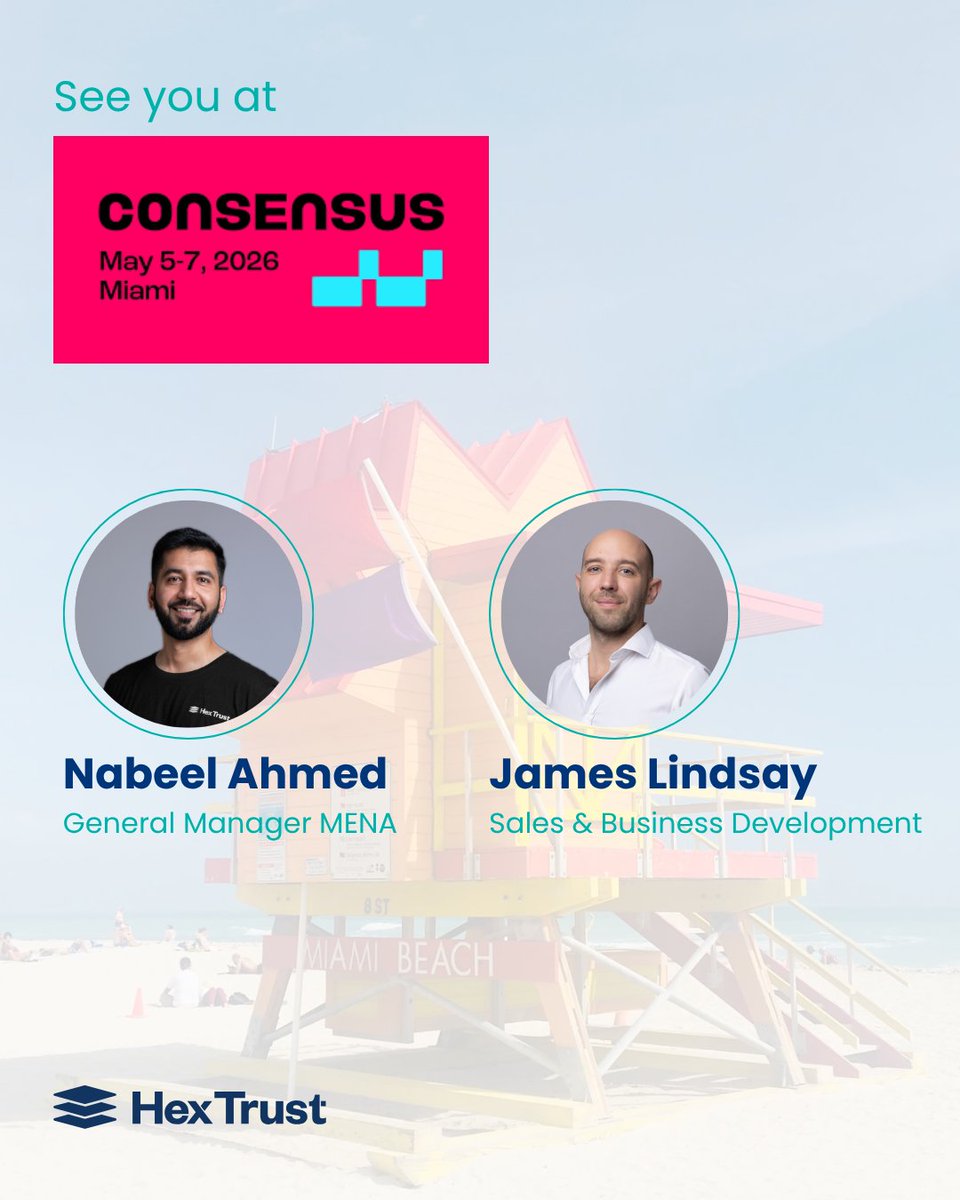 Hex_Trust's tweet photo. Hello MIAMI!

☀️ Hex Trust is heading to the Sunshine State for Consensus 2026! 🌴

Meet with James Lindsay and Nabeel Ahmed (@Nabeel_OTC), on the ground in #Miami to join the most influential conversation in the digital asset space.

Don’t leave your networking to chance. If you’ll be in Miami:
🔹 Reach out to schedule a 1-on-1 meeting.
🔹 Let’s discuss Institutional Fiat Ramping, Treasury Management or Payment Solutions.
🔹 Learn more about the fastest regulated Cold Wallets (1 sec vs. 2 hours).
🔹 Let’s build the future of finance together.

See you in Miami! 🌊

#Consensus2026 #HexTrust #DigitalAssets #Web3 #MiamiTech #InstitutionalCrypto