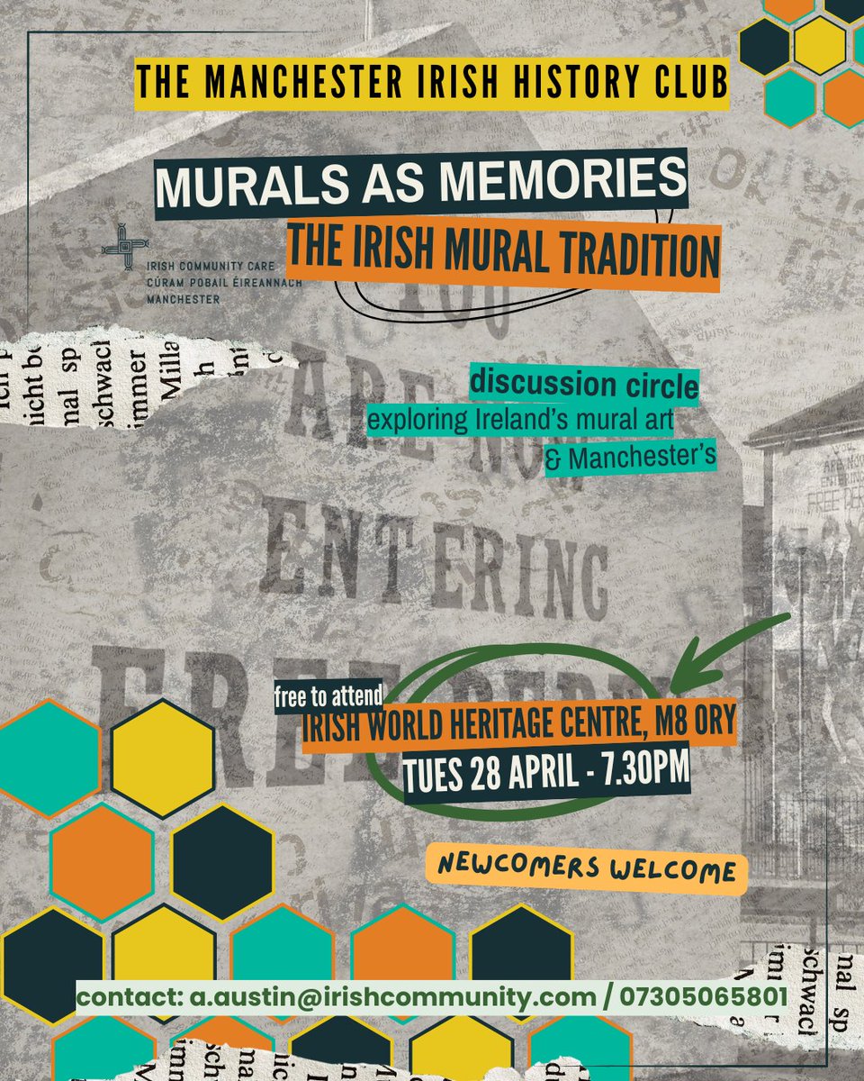 iccmanchester's tweet photo. TONIGHT - Tuesday 28th April. Join us with the Manchester Irish History Club for a discussion circle around the Irish Mural Tradition. Newcomers welcome.

Irish World Heritage Centre, Cheetham Hill, M8 ORY from 7:30pm. https://t.co/pVSJMZQ8oW