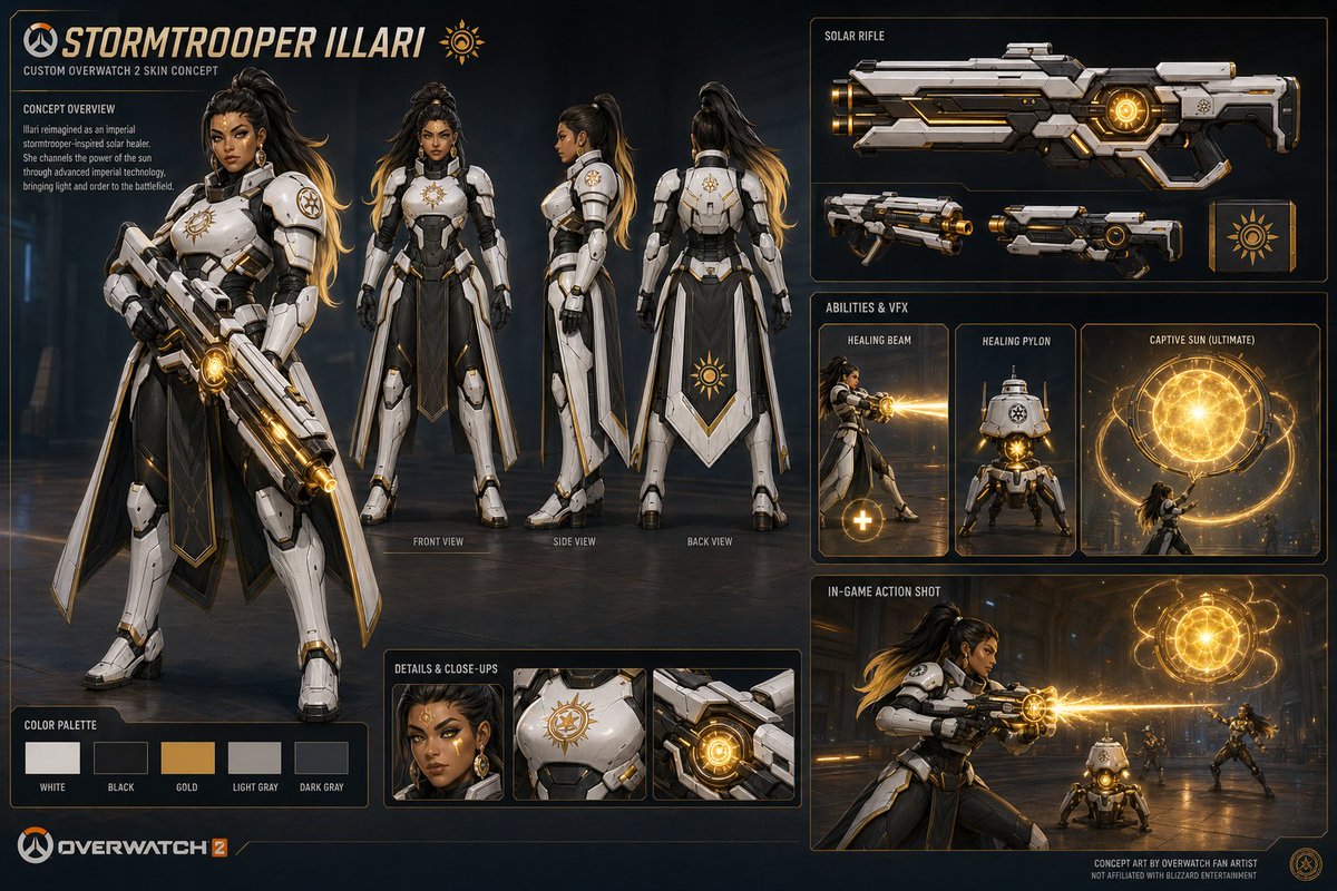 beezee08's tweet photo. “STORMTROOPER ILLARI” ⚡☀️

A custom Overwatch 2 skin concept blending imperial sci-fi with solar power.

• Sleek white/black armor + gold solar accents
• Blaster-inspired solar rifle with radiant energy cores
• Healing beam reimagined as blazing sunlight
• Pylon = imperial droid with a sun core
• Ultimate = a massive captive star with mechanical rings
Blizzard-style presentation, cinematic lighting, full concept sheet.
Would you play this skin? 👀
🔁 RT if you want this in-game
💬 Drop your favorite detail
Follow for more concepts:
👉 X: [your handle]
👉 IG: [your Instagram link]
👉 ArtStation/Portfolio: [your link]

#Overwatch2 #Illari #ConceptArt #GameDesign #FanArt #BlizzardStyle #SciFiArt