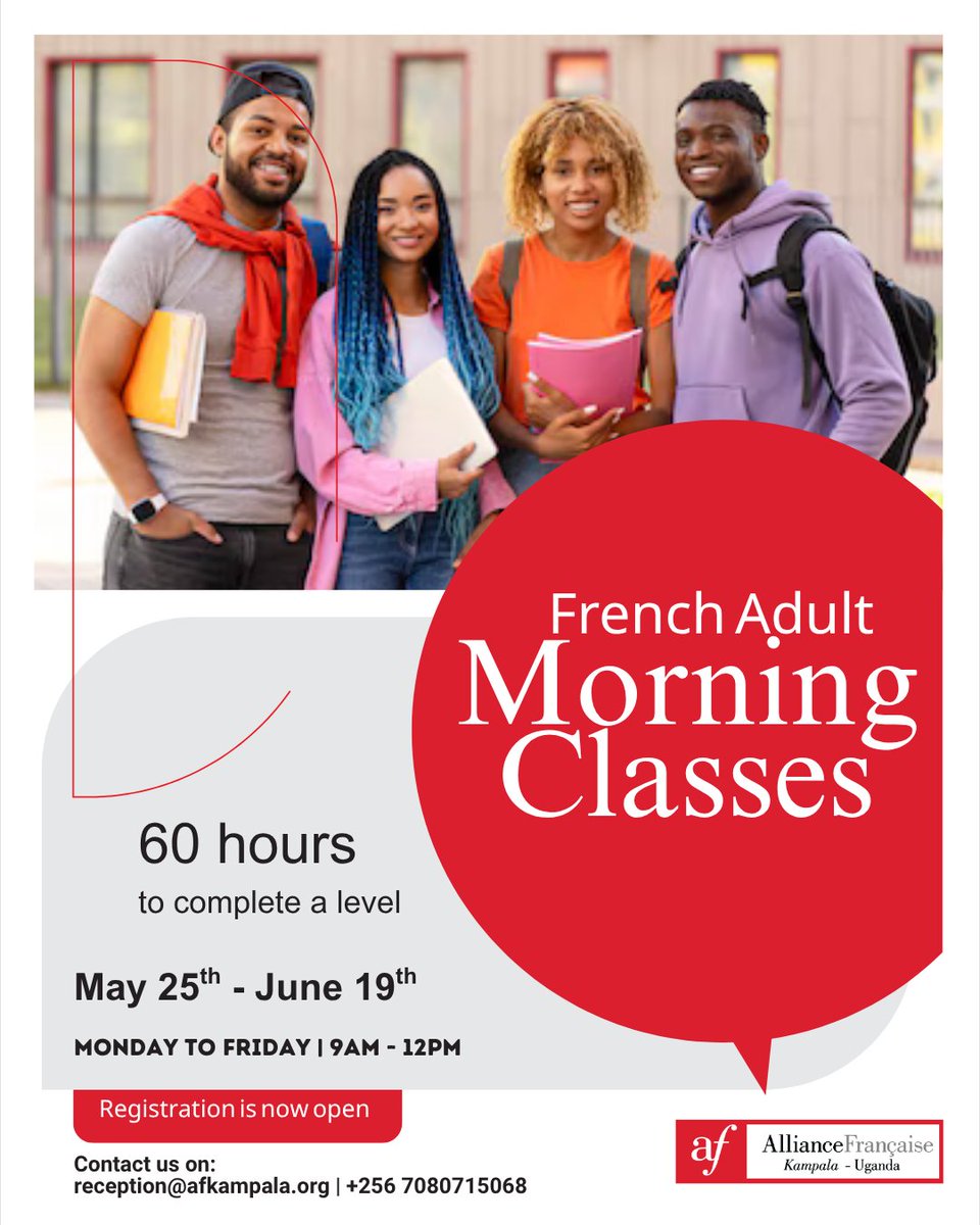 AFKampala's tweet photo. Did you miss our April intensive morning classes?

We have great news!🎉Our French intensive classes are back! 

Classes will begin on the 25th May from (9a.m. – 12 p.m.) for all levels.

Register here: https://t.co/yCTRGonHKe

Contact us:📱0708715068 | 📧reception@afkampala.org https://t.co/Lsz88OxocY