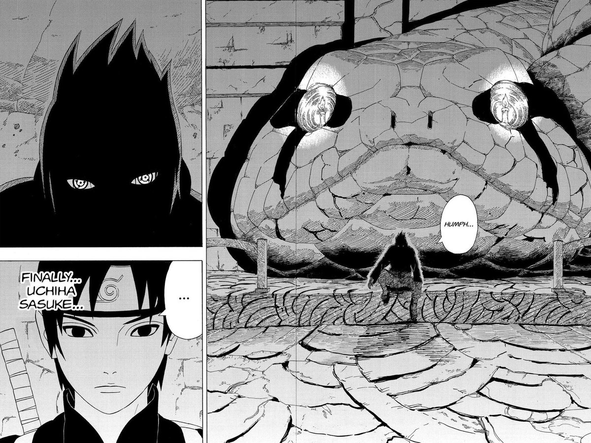 Quand cette page était sortie en scan c’était une folie de fou 

On était en 2006 ou 2007 j’étais au lycée en première ou terminal 

Plus d’un an (ou deux) sans nouvelle de sasuke 

On attendait son retour à chaque chapitre 

Et là Kishimoto nous sort cette mise en scène ! 

J’ai