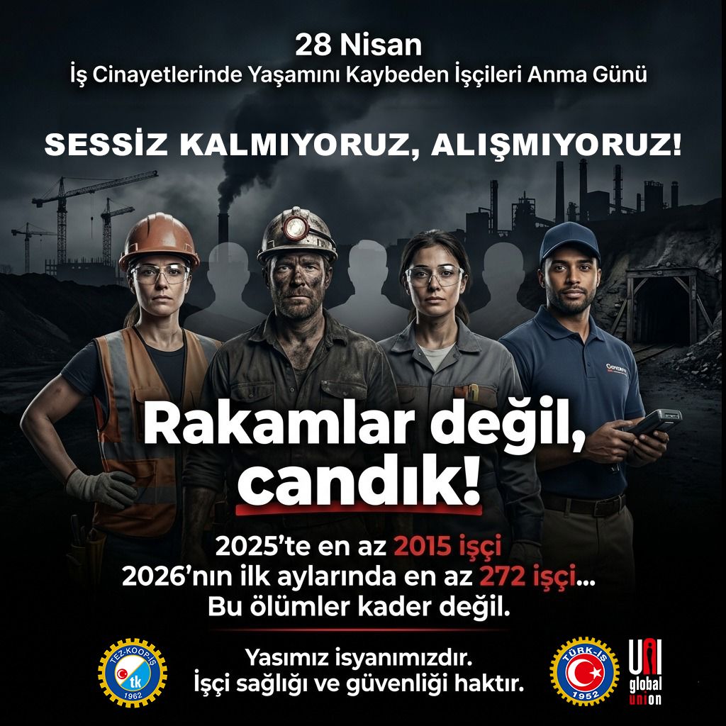 tezkoopissndk's tweet photo. Bugün 28 Nisan. Dünyanın dört bir yanındaki sendikalar tarafından “İş Kazalarında Yaşamını Kaybeden İşçileri Anma Günü” ve ILO tarafından “Dünya İş Sağlığı ve Güvenliği Günü” olarak işaretlenen gün. Bizler için bugün, yalnızca bir anma günü değil; kâr hırsının, ihmalin ve denetimsizliğin aramızdan kopardığı sınıf kardeşlerimizin hesabını sorma günüdür.

Rakamlar Değil, Candık!

2025 yılında en az 2015 işçi; 2026 yılının ilk iki ayında en az 272 işçi iş cinayetlerinde yaşamını yitirdi. Katledilen işçilerin her biri birer baba, birer anne, birer evlat, birer kardeş, birer arkadaştı. İnşaat iskelelerinde, madenlerin karanlık dehlizlerinde, fabrikaların gürültülü bantlarında ve yolların tehlikeli virajlarında yitip giden bu hayatlar; kader değil, alınmayan önlemlerin ve yetersiz denetimlerin sonucuydu.

Sessiz Kalmıyoruz, Alışmıyoruz!

Tez-Koop-İş Sendikası olarak; sermayenin maliyet hesabının insan hayatının önüne konulmadığı, etkin ve şeffaf denetimlerin kağıt üzerinde kalmadığı, sendikal örgütlenme hakkının gasp edilmediği, işçilerin çarkın bir dişlisi değil, hayatın öznesi kabul edildiği, güvenli ve onurlu bir çalışma düzeni için örgütlü gücümüzü büyütüyoruz.

Acımız taze, öfkemiz ise diri. Hüznümüzü, işçi sağlığı ve güvenliğinin lütuf değil, temel bir insan hakkı olarak görülmesi için mücadeleye dönüştürüyoruz.

Yasımız İsyanımızdır, Mücadelemiz İnsan Onuruna Yakışır Bir Yaşamdır!

İş Cinayetlerinde Yaşamını Yitiren İşçilerin Anılarına Saygı, Mücadelelerine Sadakatle...

Tez-Koop-İş Sendikası
Genel Yönetim Kurulu

https://t.co/z1vpSarF7W