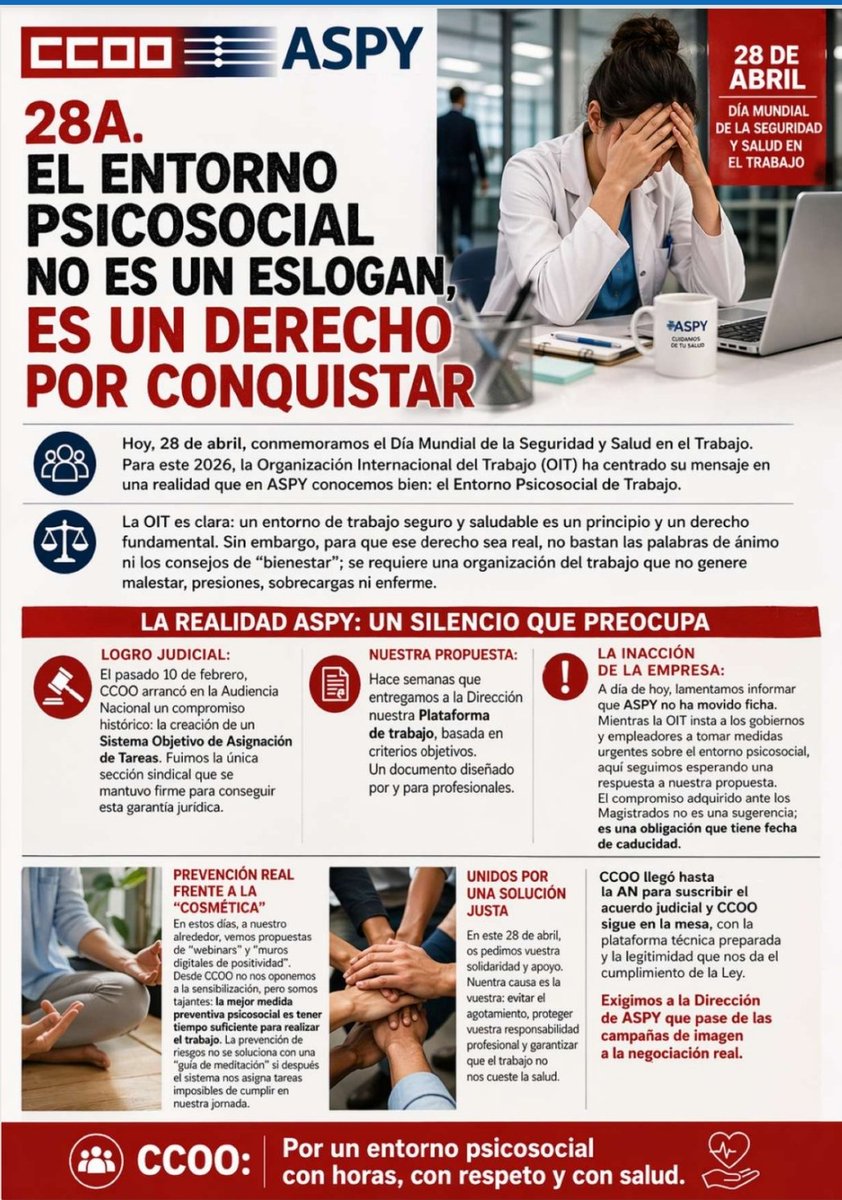SSECCOOASPY's tweet photo. 🗣️ @CCOO en @ASPYPrevencion REℹ️Vℹ️NDℹ️CA

😌 #28A, el entorno PSICOSOCIAL NO es un ESLOGAN. Es un DERECHO por CONQUISTAR

➕ ℹ️nfo abajo 👇

#ASPY #ECHEVARNE #OIT #prevencion #salud #NoMasRiesgosPsicosociales #SaludMental #CargasdeTrabajo https://t.co/83qBKN9X3I
