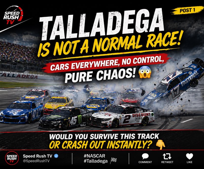 SPeedRushTV's tweet image. Talladega doesn’t forgive mistakes… one move can change EVERYTHING 😳🔥
Who’s taking control this weekend?

#NASCAR #Talladega #SpeedRushTV #Racing #Motorsport #RaceDay