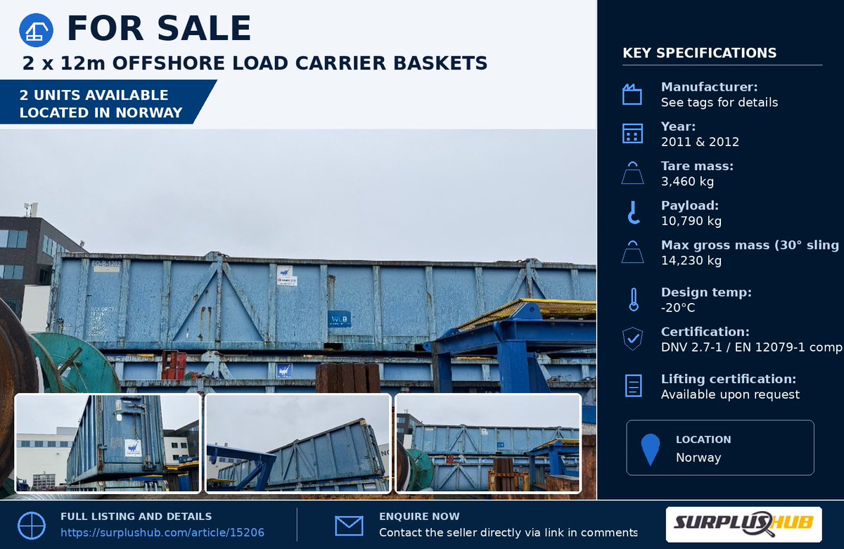 SurplushubCom's tweet photo. 🔵 2 x 12m offshore load carrier baskets available on SurplusHub®.

📍 Norway 
👉 Contact the seller directly: https://t.co/zWxQCA2YPG

#Offshore #LoadCarrier #Container #Basket #OpenTop #Logistics #WeAreSurplusHub https://t.co/DnsIznbHy7
