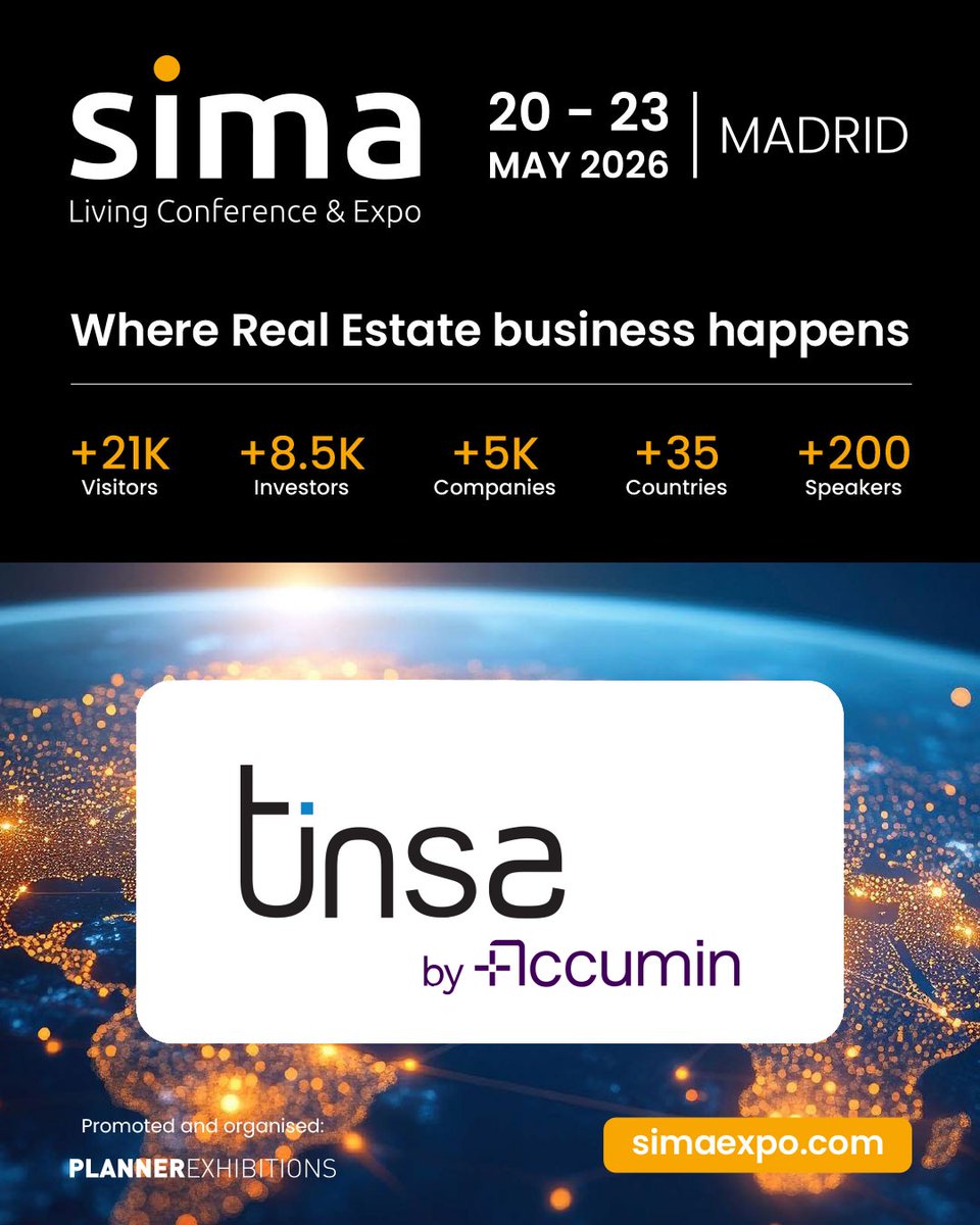 tinsa's tweet photo. Nos unimos a @simaexpo 2026, la cita internacional que reúne a quienes están marcando el rumbo del sector living, del 20 al 23 de mayo. 
👉 Si aun no tienes tu pase, puedes obtenerlo aquí: https://t.co/mrHhHd3M2I
#SIMA2026 #RealEstate #Living #Networking #Business #Residential https://t.co/EIZFye4Kdx