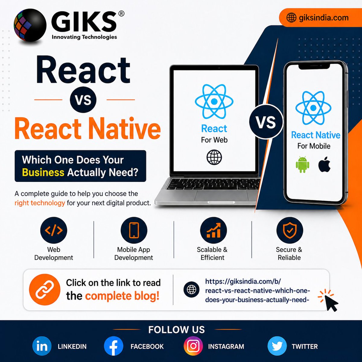 infogiksindia's tweet image. React vs React Native — confused what to choose? 🤔

We’ve explained it in the simplest way 👇
💻 Web vs 📱 Mobile
⚡ Performance
💰 Cost
👉 Read here:
 giksindia.com/b/react-vs-rea…
👉 Click to read the full blog.
#React #Tech #WebDev