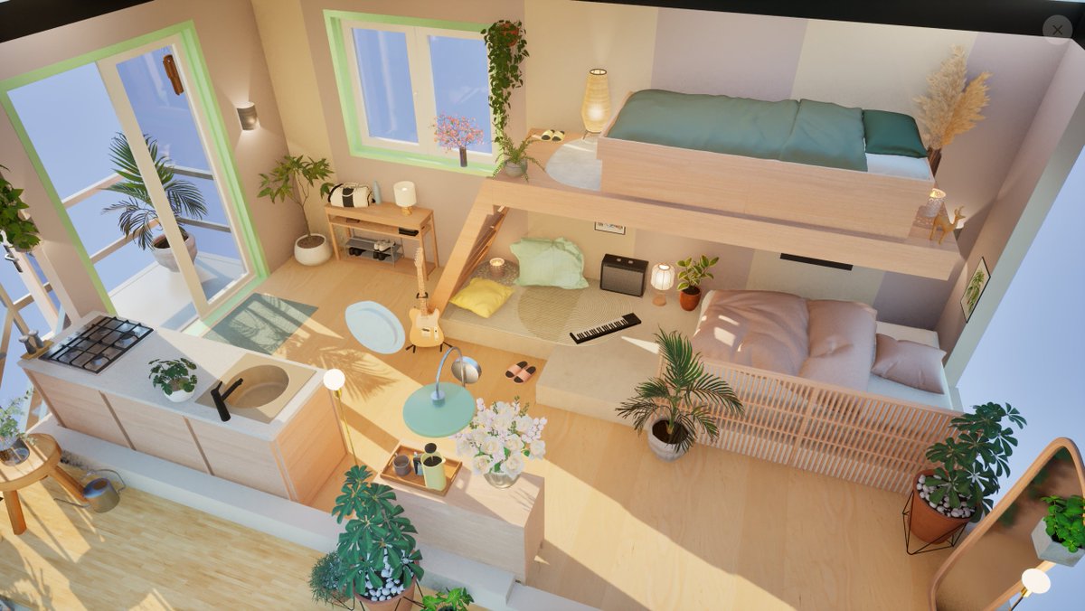kagyoku0525's tweet image. 【#SmallSpaces】 ２段ベッド風のロフト作ってみた🍀🌷 ２階建てのコンテナハウスに２人暮らし設定だったので、スペース限られてちょい難しかったな💦２階をプライベート空間にして、１階は来客＆創作スペースに… お籠り感が出てるといいなぁ🩷🤭