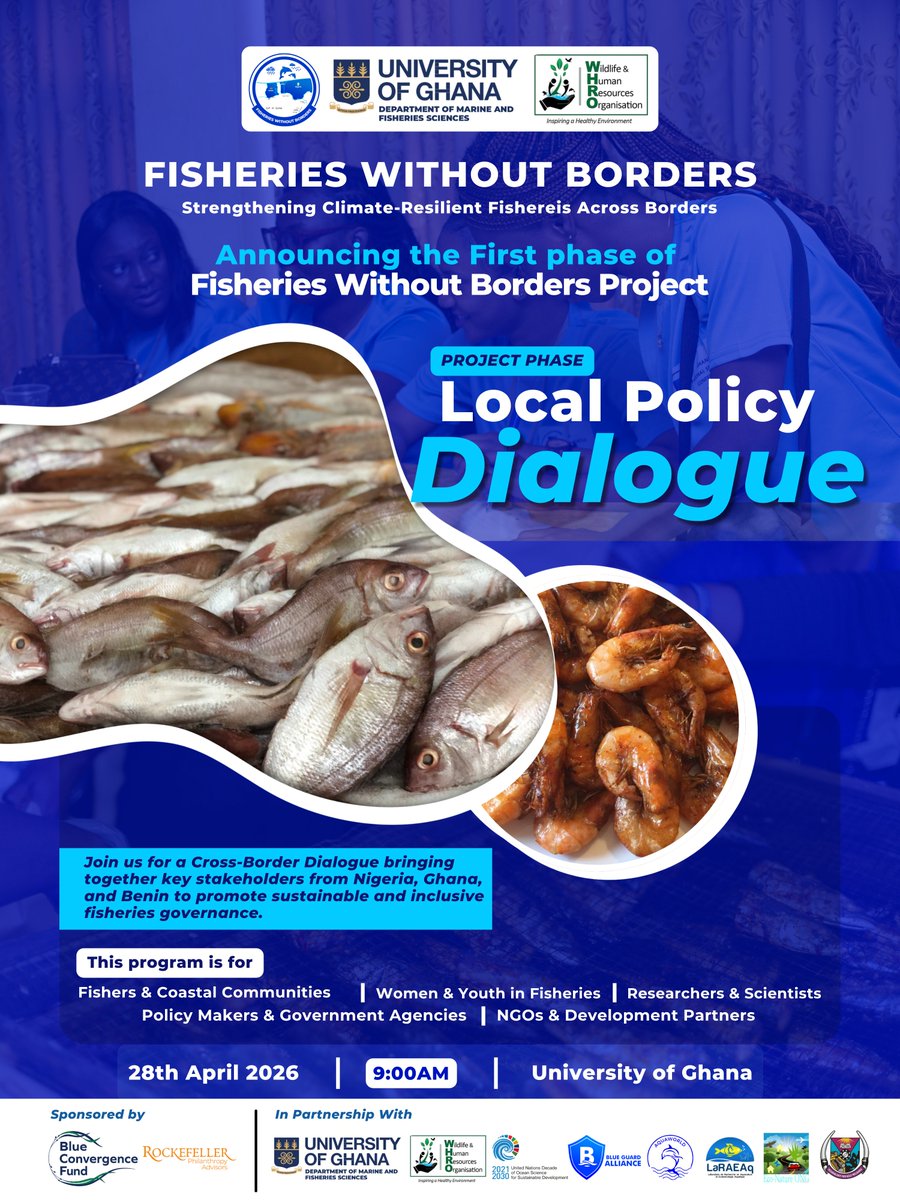 WHRO_GHANA's tweet photo. 🇬🇭🌊Launch day, and you're invited.

#FisheriesWithoutBorders opens NOW in Ghana.

Fishers. Scientists. Policymakers. Women. Youth.  One table, one Gulf.

📲Join us live on Zoom: 

🔗https://t.co/gaIvHDg4iZ
📋ID: 668 263 4002 
🔑FWB26 
⏰8:30 AM GMT

#WHRO is in the room. 🐟 https://t.co/g2IhycHgcq