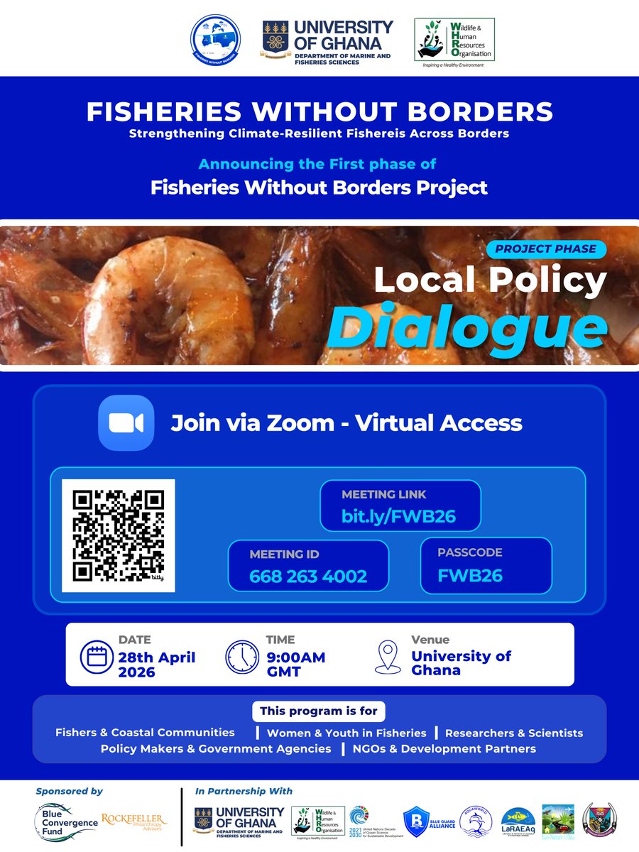 WHRO_GHANA's tweet photo. 🇬🇭🌊Launch day, and you're invited.

#FisheriesWithoutBorders opens NOW in Ghana.

Fishers. Scientists. Policymakers. Women. Youth.  One table, one Gulf.

📲Join us live on Zoom: 

🔗https://t.co/gaIvHDg4iZ
📋ID: 668 263 4002 
🔑FWB26 
⏰8:30 AM GMT

#WHRO is in the room. 🐟 https://t.co/g2IhycHgcq